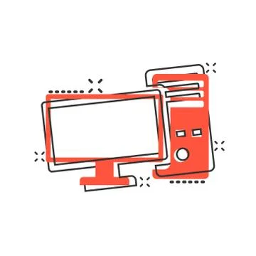 Pc computer icon in comic style. Desktop cartoon vector illustration on white Stock Illustration