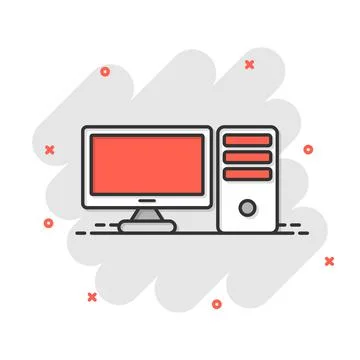 Pc computer icon in comic style. Desktop cartoon vector illustration on white Illustrazione stock