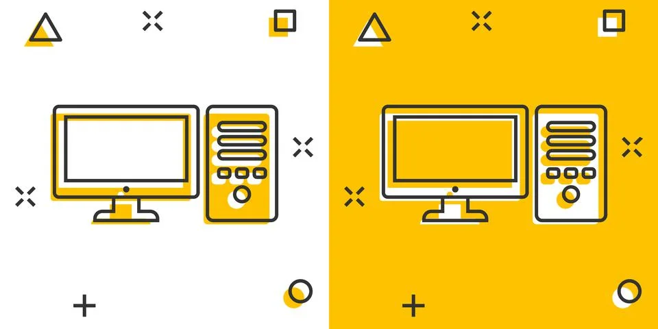 Pc computer icon in comic style. Desktop cartoon vector illustration on white Stock Illustration