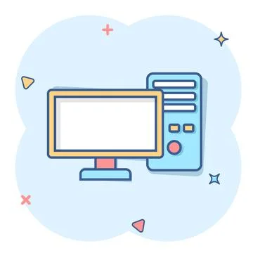 Pc computer icon in comic style. Desktop cartoon vector illustration on white Stock Illustration