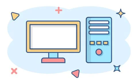 Pc computer icon in comic style. Desktop cartoon vector illustration on white Stock Illustration