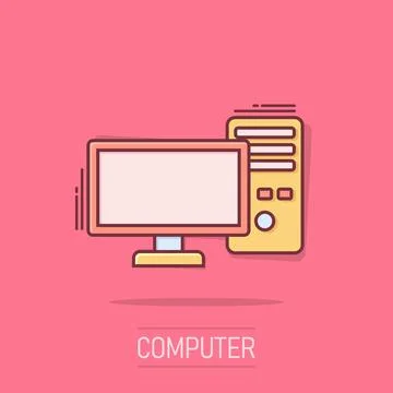 Pc computer icon in comic style. Desktop cartoon vector illustration on whi.. Stock Illustration