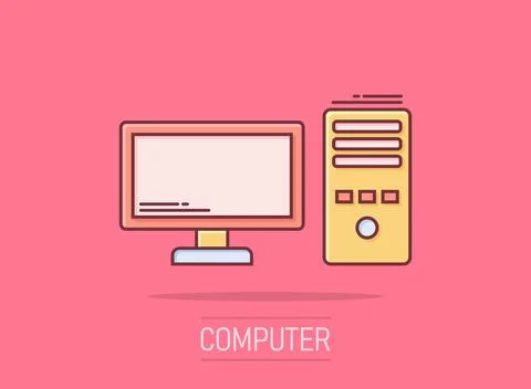 Pc computer icon in comic style. Desktop cartoon vector illustration on whi.. Stock Illustration