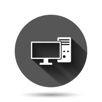 Pc computer icon in flat style. Desktop vector illustration on black round ba 스톡 일러스트