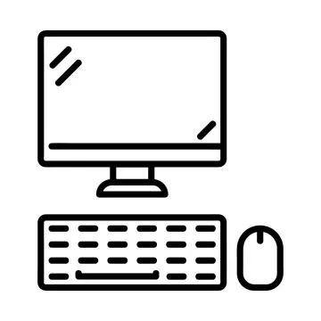 Pc computer, keyboard and mouse icon. Flat pictogram for web. Line stroke. Is Stock Illustration