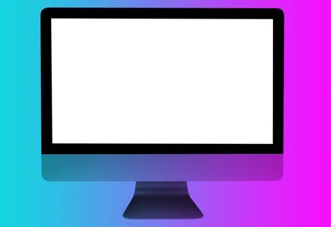 Pc computer on office desk  in blue and pink tones. Workspace with computer.. Stock Photos
