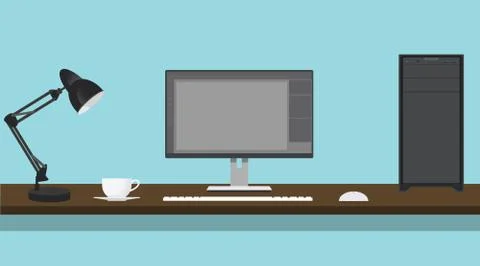 Pc computer work desk illustration vector Stock Illustration