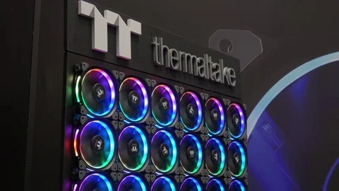 PC cooling system demonstration, Thermaltake RGB Led light Radiator Fan on Stock Footage 81513160