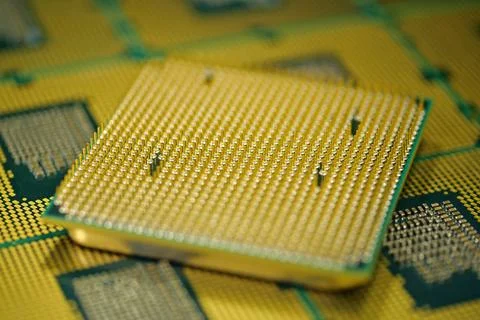 PC CPU close up highlighting micro pin arrangement for high speed computing Stock Photos