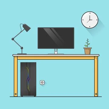 PC on Desk Vector Illustration. Home Workspace. Interior Design Element. Fl.. Stock Illustration