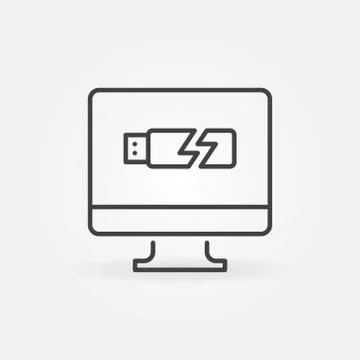 PC Display with Broken USB Stick vector concept outline icon Stock Illustration