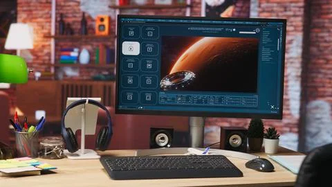 PC display showing AI virtual assistant producing clips Stockfoto's
