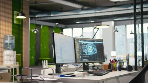 PC display on startup office desk showing artificial intelligence code Stock Footage 313164292