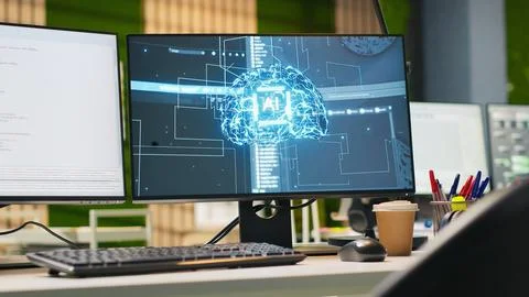 PC in empty IT startup office displaying artificial intelligence code Stock Photos