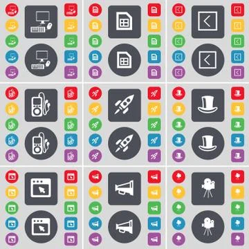 PC, File, Arrow left, MP3 player, Rocket, Silk hat, Window, Megaphone, Film came Stock Illustration