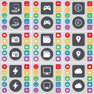 PC, Gamepad, Arrow left, Camera, Wallet, Checkpoint, Flash, Monitor, Cloud icon Stock Illustration