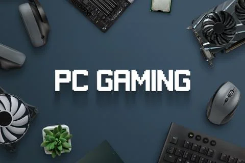PC gaming concept scene with text and gaming computer components. Top view, f Stock Photos