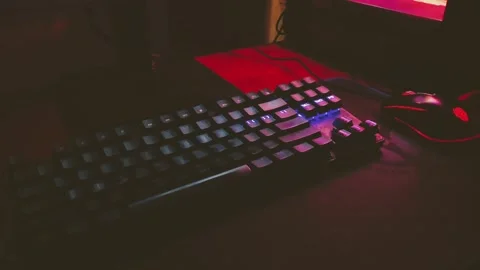 PC gaming setup in a dark room Stock Footage 337726552