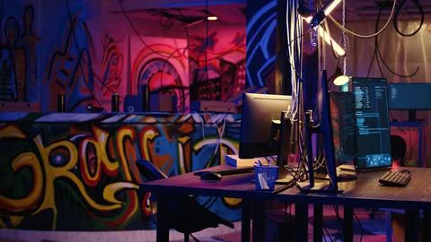PC hacking software in underground base 스톡 사진