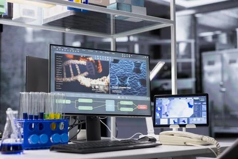 PC in lab with software interface showing genetic markers Stock Photos