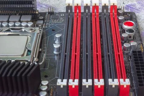 PC Mainboard memory slots and components. Close up with selective focus Stock Photos