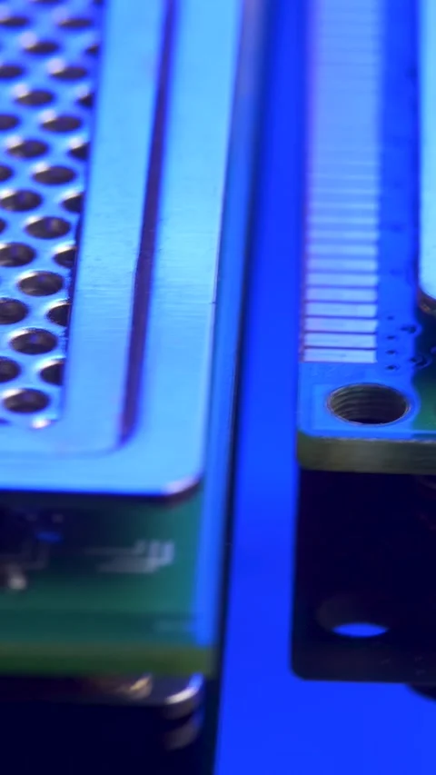 PC memory module with contact pins on blue light mirror surface Stock Footage 288834493