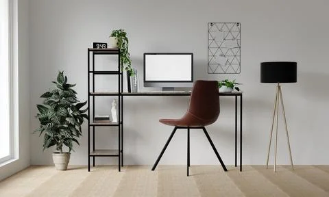 PC mockup of blank white screen in contemporary workspace with computer, tablet Stock Illustration