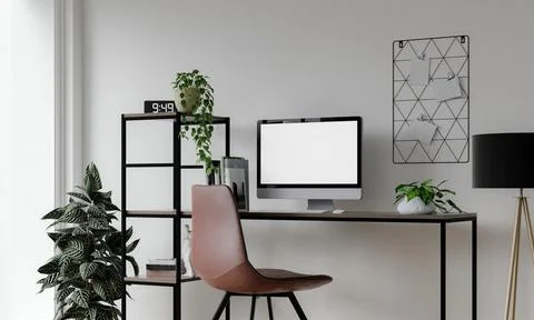 PC mockup of blank white screen in contemporary workspace with computer, tablet Stock Illustration