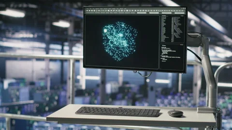 PC monitors on data center industrial platform displaying AI hardware status Stock Footage 310277831