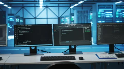 PC monitors on desk used for checking potential system failures in server room Stock Footage 276194320