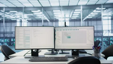 PC monitors on desk used for checking potential system failures in server room Stock Footage 319259607