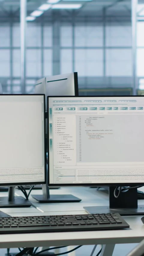 PC monitors on desk used for checking potential system failures in server room Stock Footage 319528760
