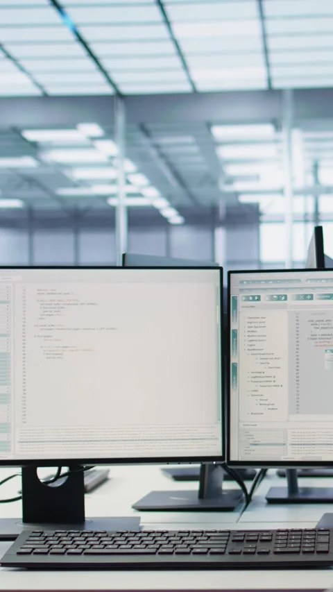 PC monitors on desk used for checking potential system failures in server room Stock Footage 319535685