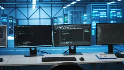 PC monitors on desk used for checking potential system failures in server room Stockfoto's