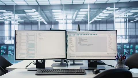 PC monitors on desk used for checking potential system failures in server room 库存照片