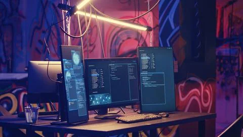 PC monitors in empty warehouse 写真素材