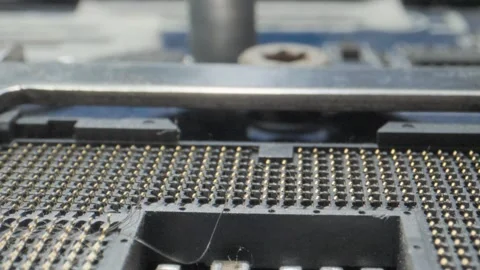 Pc motherboard dirty microprocessor cpu socket contact points wide to Vídeo Stock 278721402