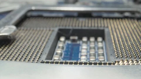 Pc motherboard microprocessor cpu socket contact points wide to closeup Vídeo Stock 278721111
