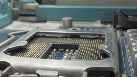 Pc motherboard microprocessor cpu socket contact points wide to closeup Vídeo Stock 278721551