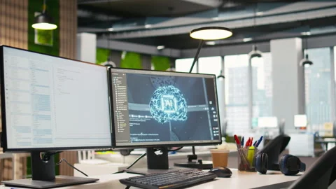 PC on office desk used to implement algorithms enabling deep learning Stock Footage 313014476