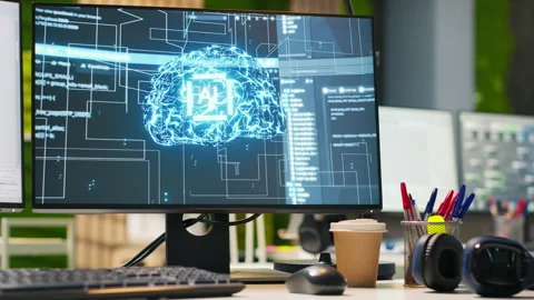 PC in office used to design and implement algorithms enabling machine learning Vídeo Stock 313017194