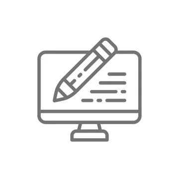 PC with pen, write review, email laptop, chat, message line icon. Stock Illustration