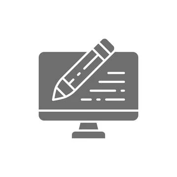 PC with pen, write review, email laptop, chat, message grey icon. Illustrazione stock