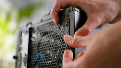 PC personal computer case assembling tighting up screw bold pin hand closeup 스톡 동영상 91215219