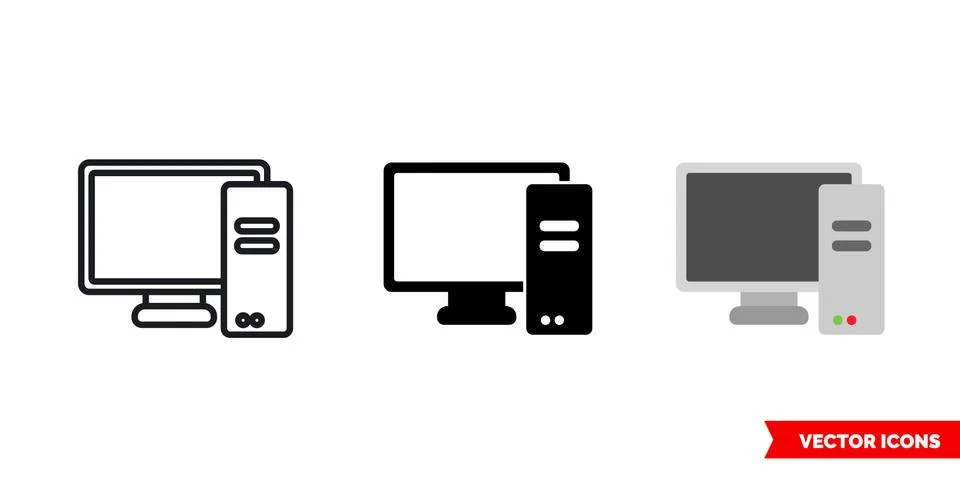 Pc personal computer icon of 3 types color, black and white, outline. Isolate Stock Illustration