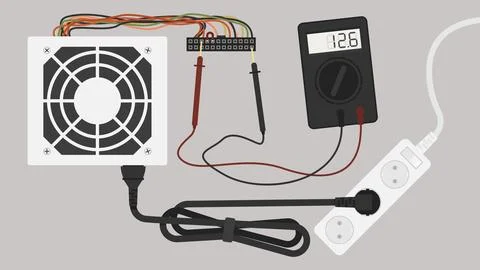 PC Power Supply Unit Testing with Digital Multimeter Stock Illustration