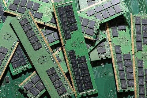 PC RAM modules for speed improvement. DDR RAM integrated circuits. Computing  스톡 사진