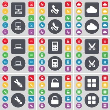 PC, Receiver, Cloud, Laptop, Calculator, Scissors, Rocket, Lock, Apps icon symbo Stock Illustration