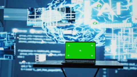PC running green screen on a display surrounded by high tech data AI brain Stock Footage 311082625