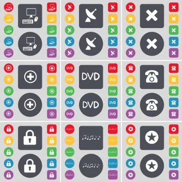 PC, Satellite dish, Stop, Plus, DVD, Retro phone, Lock, Note, Star icon symbol. Illustrazione stock